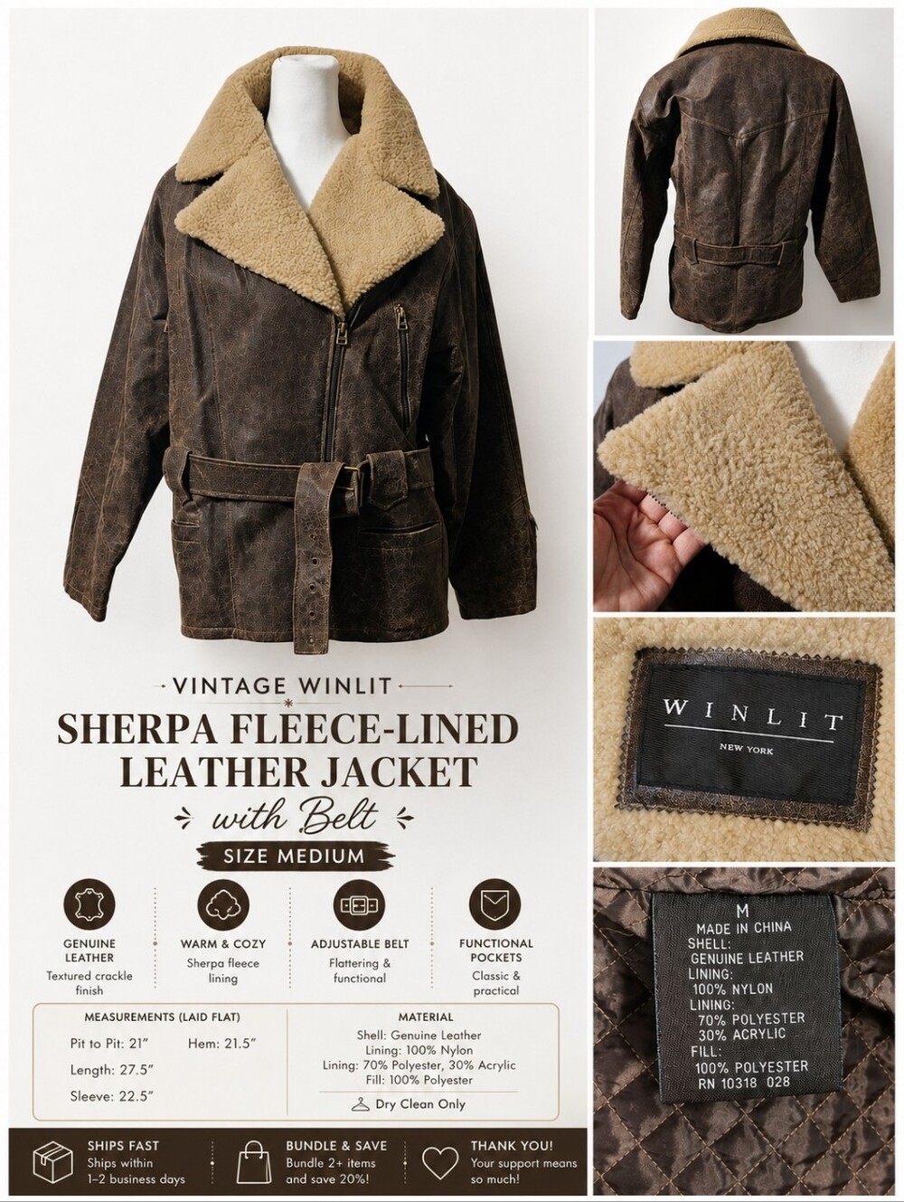 Vintage Winlit | Sherpa Collar Leather Zip-Up Jacket |Size M | Good Conditon